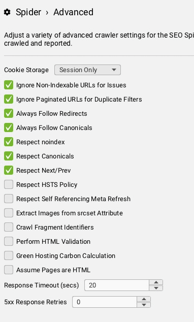 Screenshot displaying the ‘Advanced’ spider settings in Screaming Frog