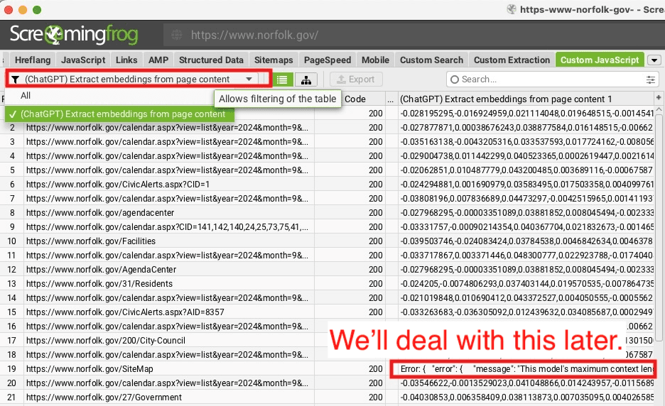 Screenshot of the Screaming Frog ‘Custom JavaScript’ tab displaying the extracted embeddings data as numbers