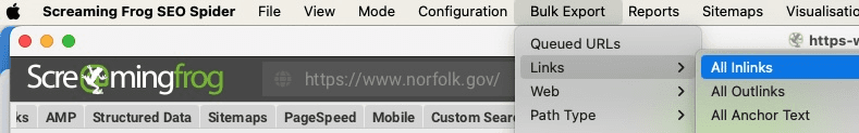 Screenshot showing how to export the ‘All Inlinks’ data from Screaming Frog