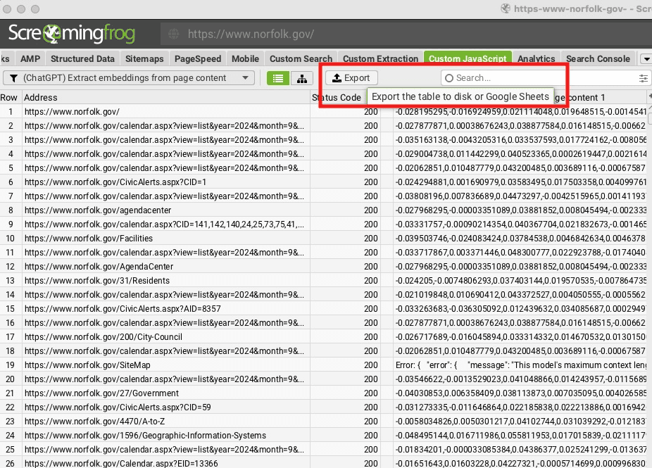 screenshot showing data imported into Google Sheets from the ‘all_inlinks.csv’ file