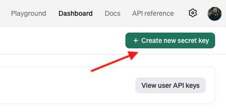 Screenshot showing the OpenAI website with the option to create a new secret key for the API