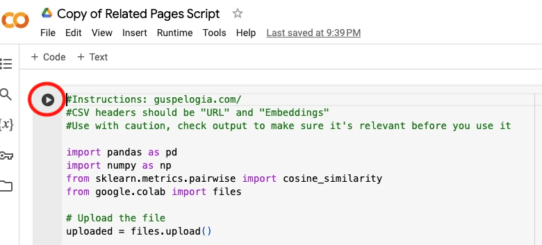 Screenshot of the Google Colab notebook interface, where the Python script for processing vector embeddings is run