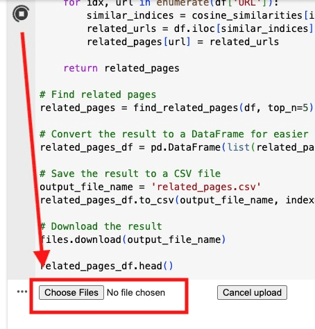 Screenshot showing where to choose the CSV file after starting the script in Google Colab.