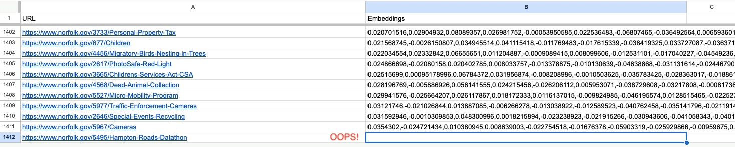 Screenshot showing an example error of a blank cell in the CSV output from Screaming Frog.