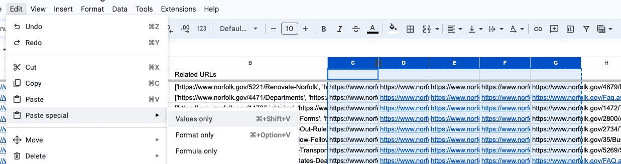 Screenshot displaying the formula used in Google Sheets to pull the inlink data from the ‘all_inlinks’ tab