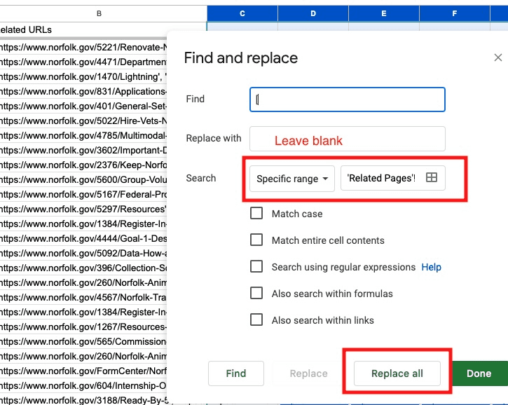 Screenshot showing a Find and Replace operation in Google Sheets.