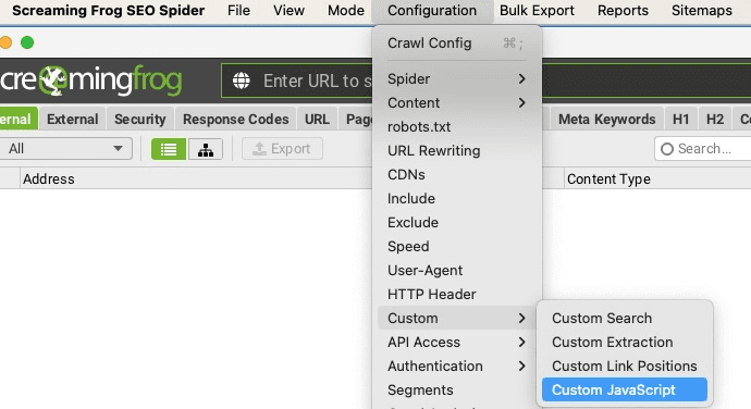 Screenshot of Screaming Frog’s configuration menu with the ‘Custom JavaScript’ option selected