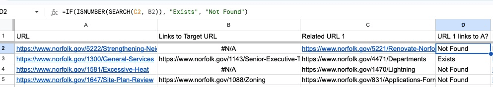 Screenshot showing how to identify unlinked related pages using a formula in Google Sheets