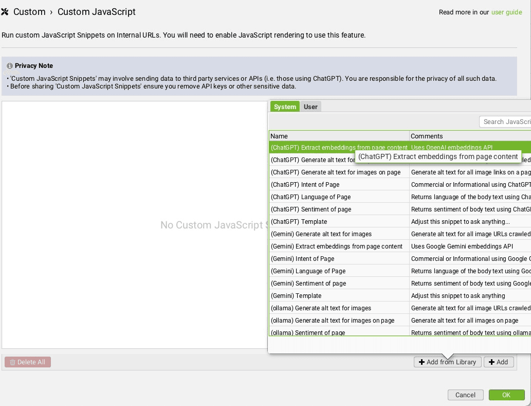 Screenshot of the ‘Add from Library’ window in Screaming Frog with the ‘(ChatGPT) Extract embeddings from page content’ script selected