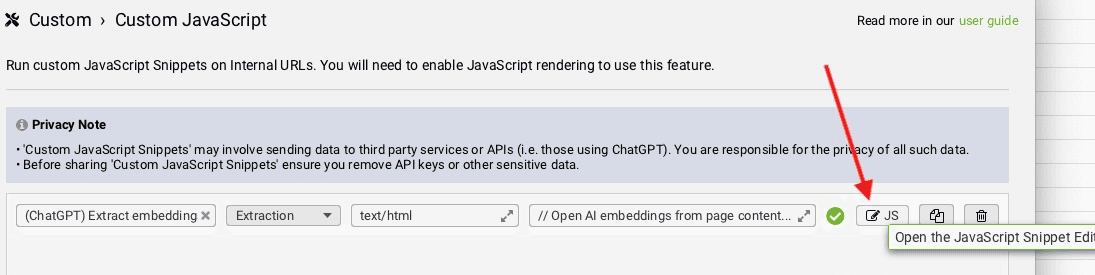 Screenshot showing the Custom JavaScript section in Screaming Frog with the Open JavaScript Snippet Editor button indicated.