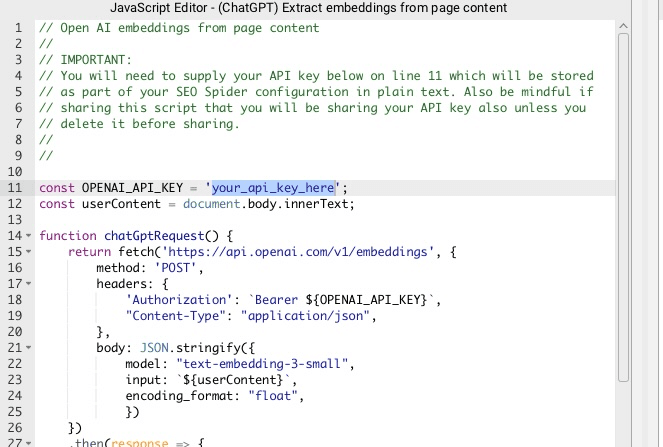 Screenshot showing where to paste the Open AI API key in the Screaming Frog custom JavaScript editor.