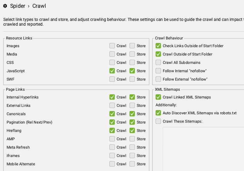 Screenshot of Screaming Frog’s optimized crawl settings, showing options to focus on textual page content and internal links