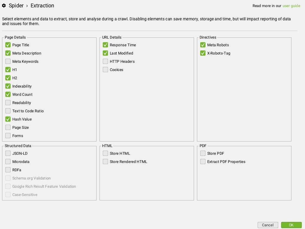 screenshot showing Screaming Frog’s settings for data extraction under the ‘Extraction’ tab