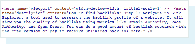 A screenshot of the source code for the actual meta description on the page, which differs from what the SERP shows above.