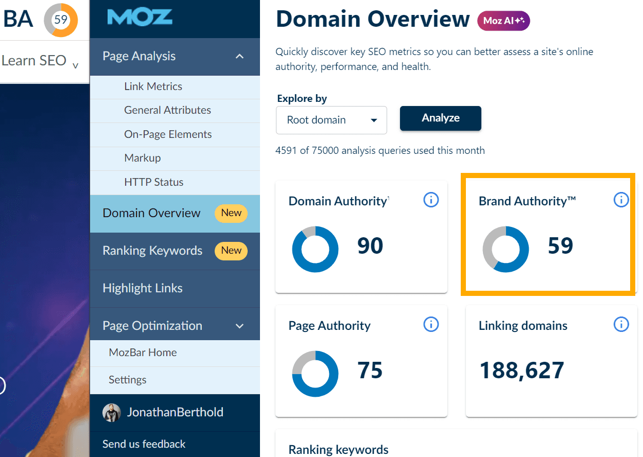 Screenshot of the Brand Authority metric in MozBar