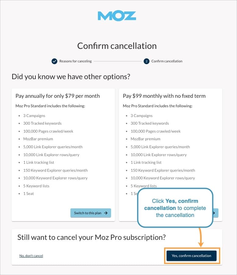 Once the survey is completed, confirm your cancellation on the next page.