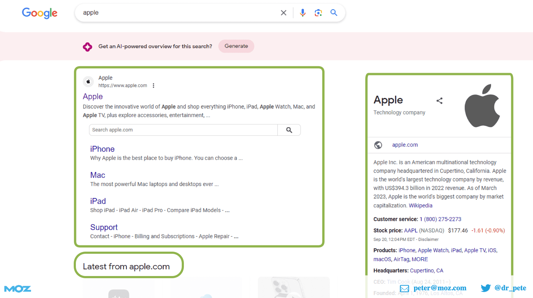 screenshot of search results for term apple dominated by apple computers with site links and knowledge graph