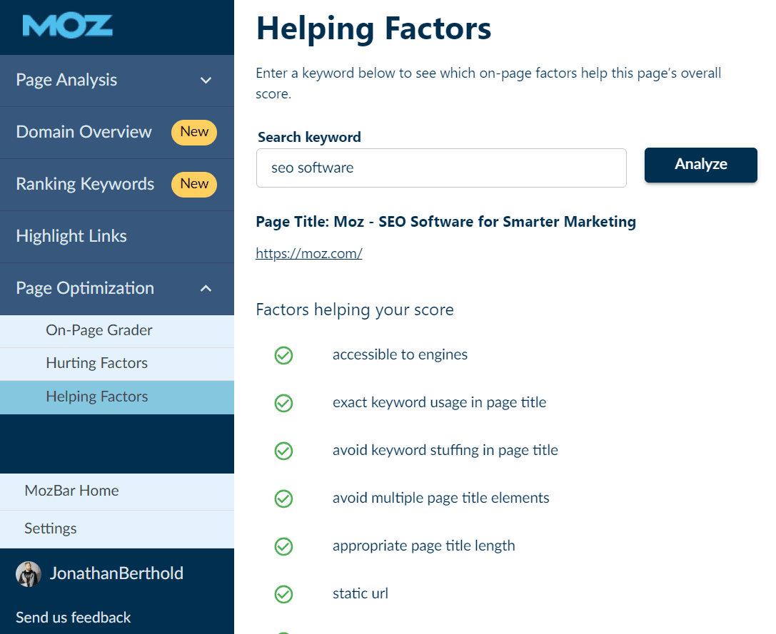 Screenshot of Helping and Hurting factors in MozBar