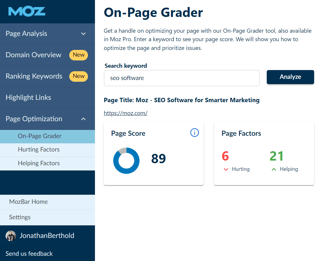 Screenshot of Page Optimization score in MozBar