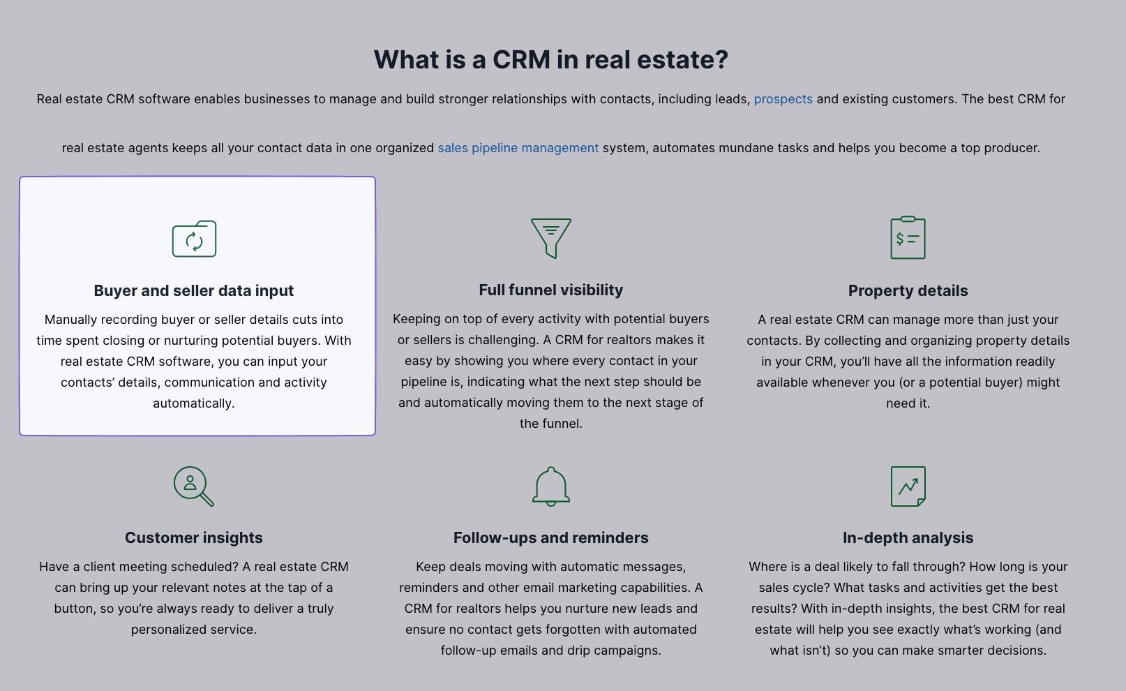 Pipedrive's real estate CRM page with a section on buyer and seller data input highlighted