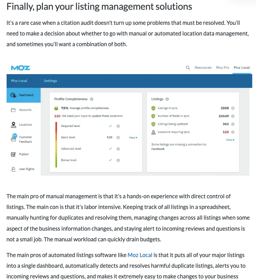 Screenshot featuring Moz Local guide