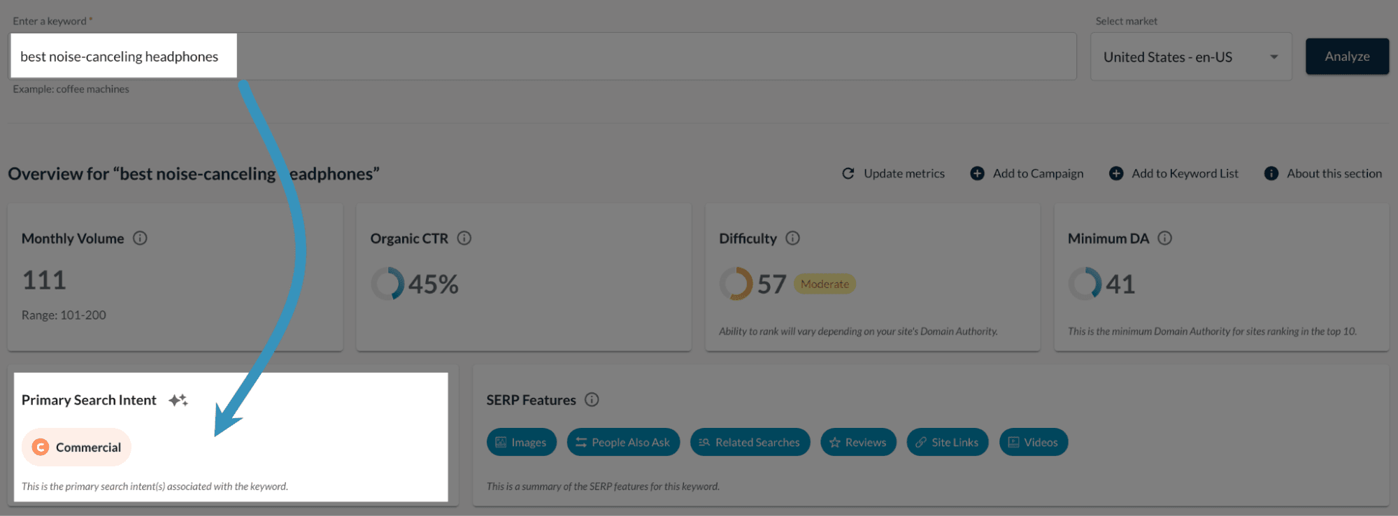 screenshot of keyword explorer tool showing commercial intent flag