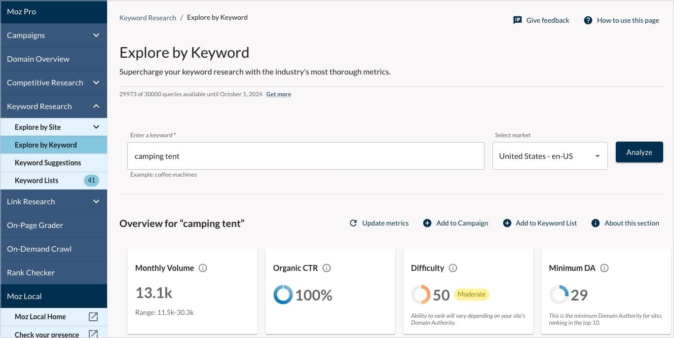 screenshot of the explore by keyword feature in Keyword Research in Moz Pro