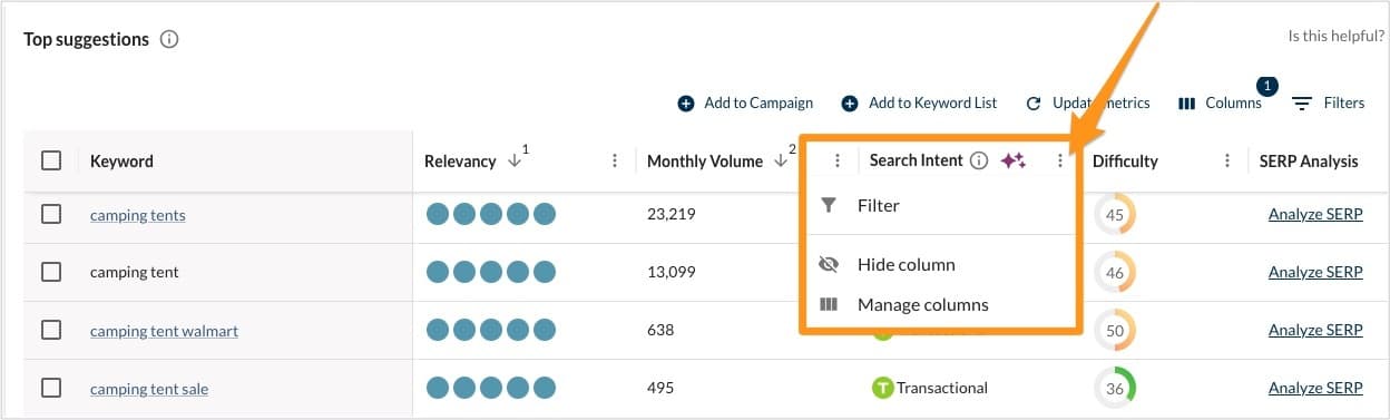 filter by search intent in moz pro