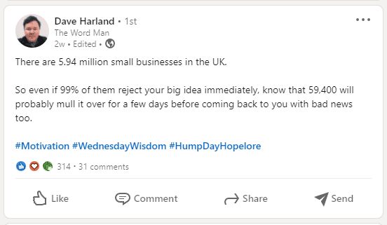 LinkedIn post from Dave Harland.