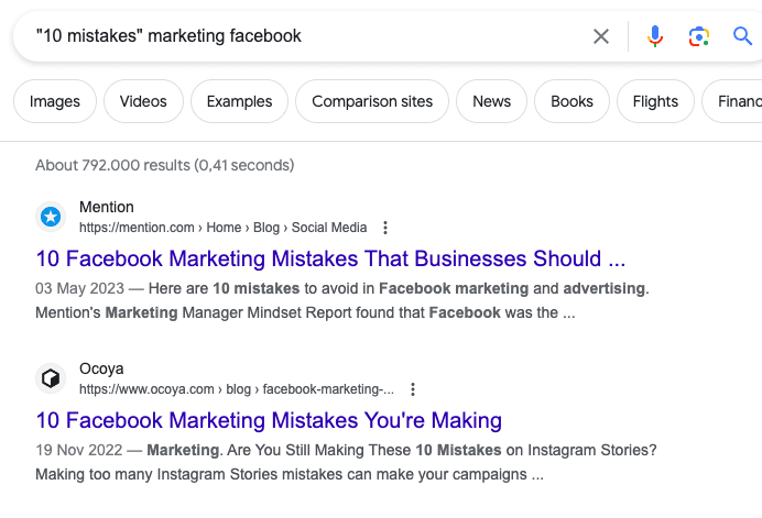 Screenshot: Google search results - 792,000 for '10 mistakes marketing Facebook.