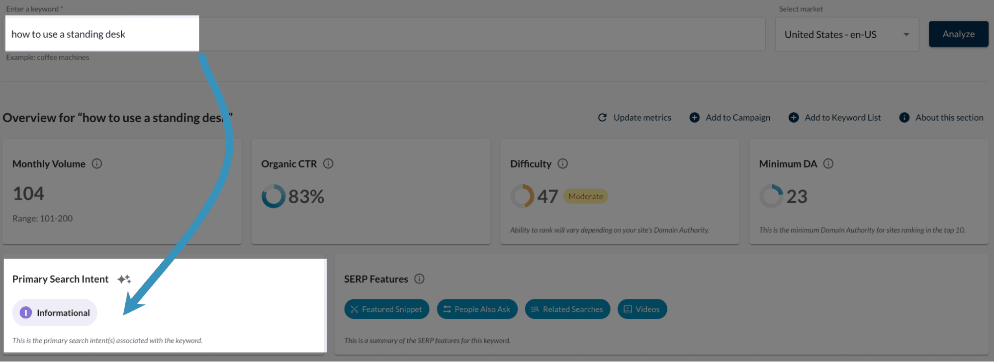 screenshot of keyword explorer tool showing informational intent flag