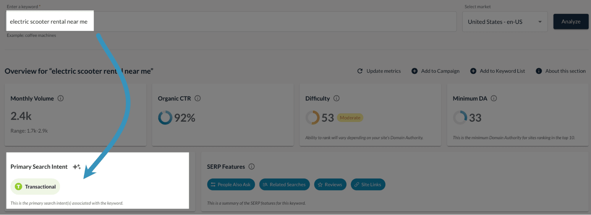 screenshot of keyword explorer tool showing transactional intent flag